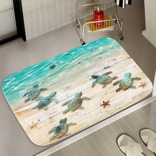 Miniatura 10 de Alfombra de baño de terciopelo coral con diseño náutico de tortugas marinas, animales de playa, tapete de ducha antideslizante para baño de océano