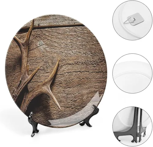 Miniatura 4 de XISUNYA Plato decorativo de 6 pulgadas, plato de cena con cuernos de ciervo en mesa de madera, impresión rústica de temporada de caza, cerámica