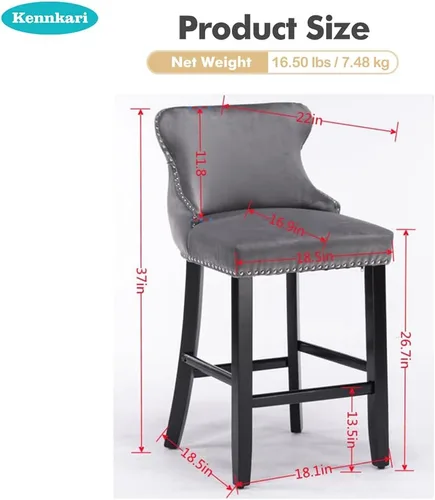 Miniatura 2 de Taburete de bar con patas de madera, juego de 2, taburete de bar tapizado de altura de mostrador con botón y cabeza de clavo, sillas de bar