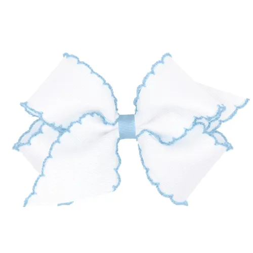 Miniatura 51 de Wee Ones - Lazo clásico de grogrén con borde de puntadas lunares para niñas, con clip para cabello WeeStay, borde en contraste, King, blanco
