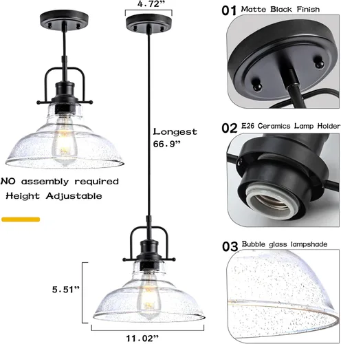 Miniatura 4 de Zlepmlla Lámpara Colgante de Vidrio, Luminarias Colgantes Negras con Pantalla de Vidrio Texturizado, Luces Colgantes de Altura Ajustable para Negro