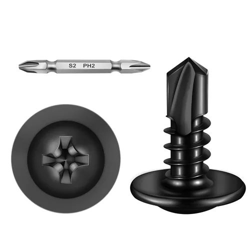 Miniatura 24 de Mywish 200 tornillos autorroscantes negros #10 × 1 pulgada para metal, 410 tornillos de metal negro de óxido de tornillo de acero inoxidable