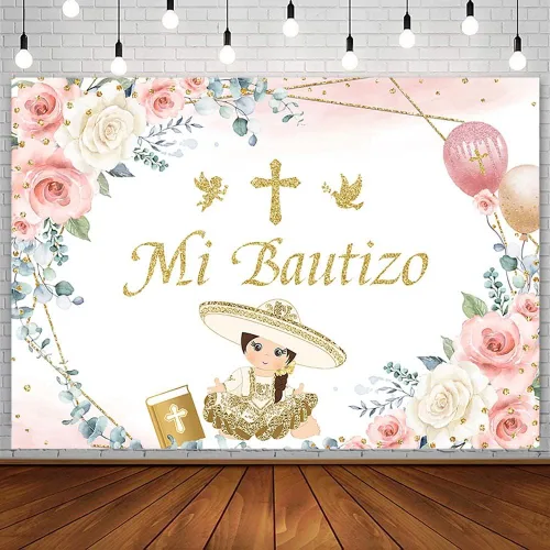 Miniatura 8 de AIBIIN Telón de fondo Mi Bautizo de 7 x 5 pies, suministros de decoración de fiesta de bautizo, globo floral azul, cruz dorada, ángel de fotografía