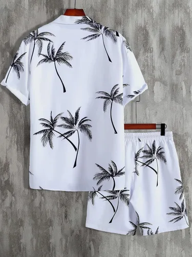 Miniatura 2 de MakeMeChic Conjunto casual de 2 piezas para hombre manga corta botones y pantalones cortos