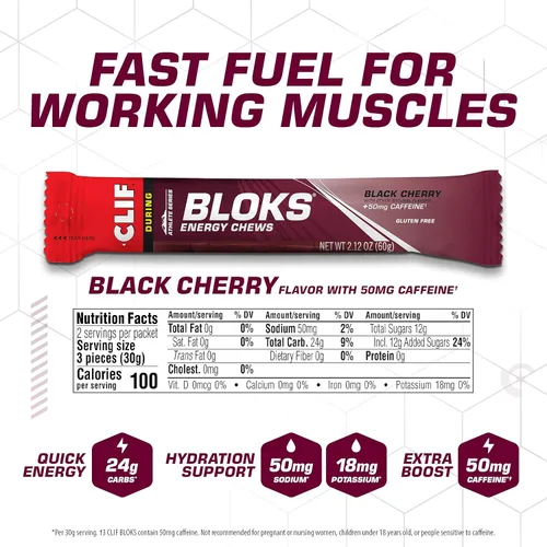 Miniatura 2 de CLIF BLOKS - Sabor a Cereza Negra con Cafeína - Gomitas Energéticas - Sin OMG - A Base de Plantas - Combustible Rápido para Ciclismo y Carrera
