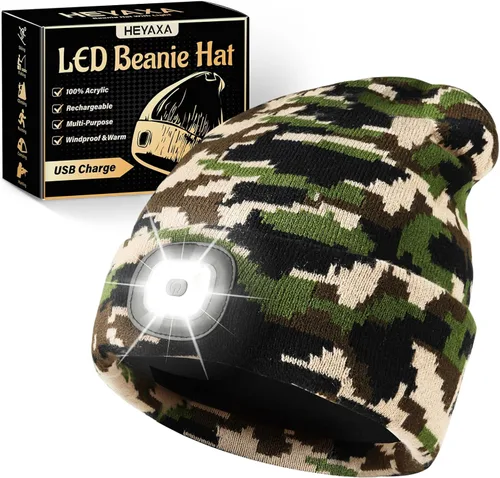 HEYAXA Gorro LED unisex con luz, gorro con linterna frontal recargable, rellenos para calcetines, regalos de Navidad para hombres, gorro tejido