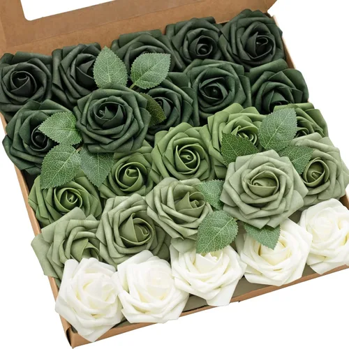 Ling's moment Flores artificiales, 25 piezas de rosas de 3 pulgadas en tonos verde esmeralda, relleno floral de espuma realista para bricolaje para