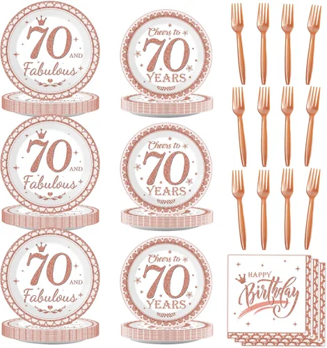 Decoraciones de cumpleaños 70 para mujer, platos y servilletas de feliz cumpleaños 70, suministros de fiesta de oro rosa, vajilla de 70 y fabulosa