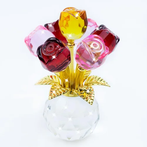 Miniatura 12 de Figura de flor de rosa de cristal con jarrón redondo, flores de cristal, flores de vidrio con tallos, figura de cristal de rosa de cristal, regalos