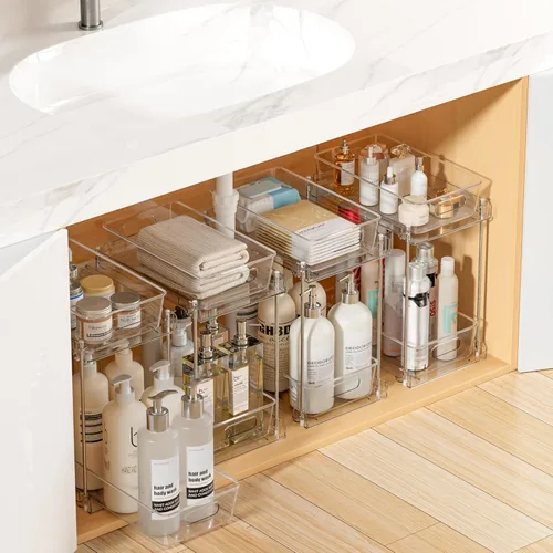 Miniatura 11 de Vtopmart - Organizadores de baño, 4 piezas, 2 niveles, transparentes, bajo el fregadero, almacenamiento para tocador o encimera, cajones