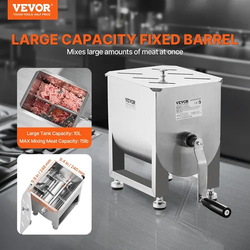 Miniatura 2 de VEVOR - Batidora manual de carne, tanque fijo de 10 L, batidora de mano de acero inoxidable resistente para carne molida y salchicha, capacidad