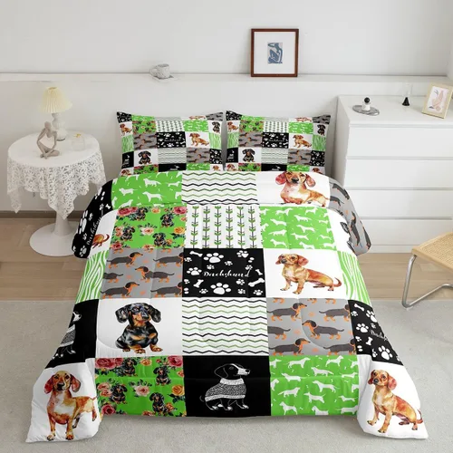 Miniatura 2 de Erosebridal Bonito juego de edredón de perro salchicha para niños y niñas, juego de ropa de cama de perros verdes coloridos para regalo para amantes