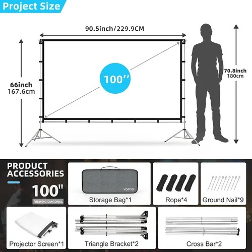 Miniatura 4 de Pantalla de proyector con soporte, Vamvo pantalla de proyección plegable portátil de 100 pulgadas con soporte de aleación de aluminio para películas