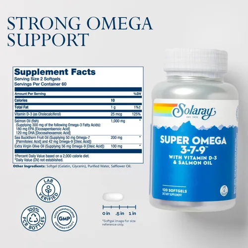 Miniatura 2 de SOLARAY Super Omega 3 7 9 apoya la piel sana, más EPA, DHA, ácidos grasos esenciales de aceite de pescado Mini Softgel, 120ct