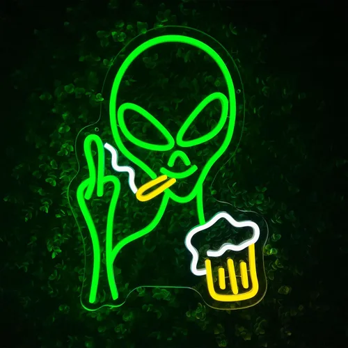 Miniatura 9 de Letrero de neón de alienígena verde, luz de neón de alienígena para barra de cerveza para decoración de pared, luces LED regulables para dormitorio