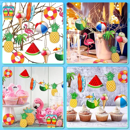 Miniatura 5 de Chunful 30 adornos de árbol de verano para Navidad en julio, decoración colgante de madera para playa, rebanadas de madera, adornos de árbol