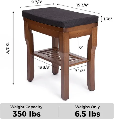 Miniatura 2 de StrongTek Banco de ducha de bambú con cojín, taburete de ducha con estante de almacenamiento, ligero, antideslizante, diseño de drenaje rápido