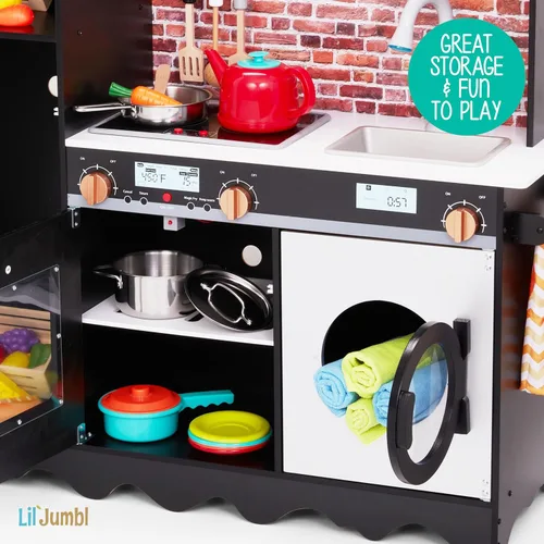 Miniatura 8 de Lil' Jumbl Jumbl - Juego de cocina para niños, cocina de madera de simulación, máquina de hielo a pilas, microondas, campana extractora, estufa