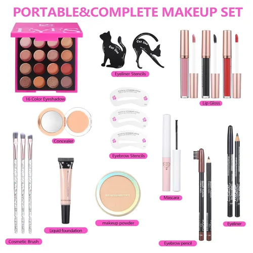 Miniatura 2 de Kit de maquillaje para adolescentes, regalo de maquillaje para mujeres, incluye paleta de sombras de ojos, brillo de labios, rímel, delineador