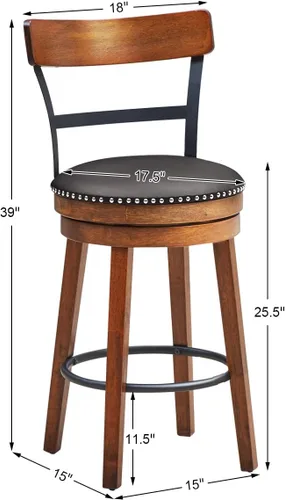 Miniatura 3 de COSTWAY Juego de 2 taburetes de bar, taburetes giratorios de 360 grados con asiento acolchado de cuero, respaldo de escalera de un solo listón
