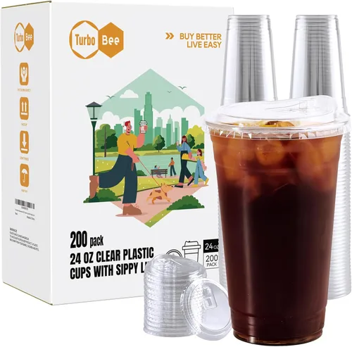 Miniatura 9 de Turbo Bee 12 OZ 200 Juegos Vasos de Plástico Transparente Cristalino con Tapas para Sorber sin Pajilla, Vasos de Plástico Desechables Transparentes