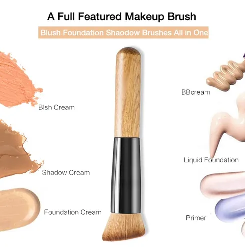 Miniatura 3 de Brocha de base Kabuki de base plana – Brocha de bambú premium para maquillaje facial para base de polvo rubor – Pulido, punteado, corrector