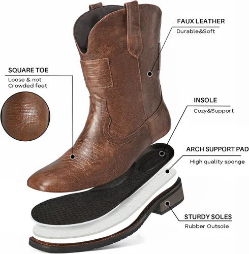 Miniatura 2 de Platikly Botas vaqueras para hombre Botas occidentales de punta cuadrada con bandera, botines de piel sintética, botas para hombre vaqueras