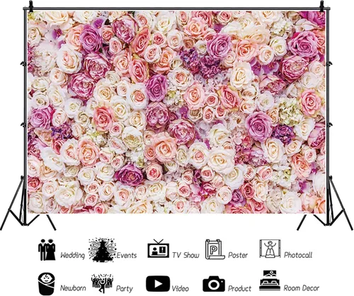 Miniatura 2 de Telón de fondo floral rosa de 5 x 3 pies, fondo de fotografía de flores rosas rosas para exteriores, telón de fondo para baby shower, boda, fiesta
