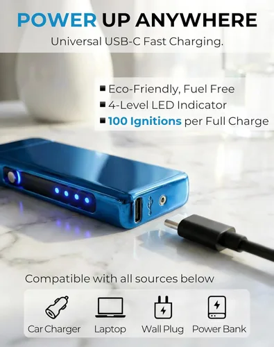 Miniatura 5 de Encendedor eléctrico de plasma recargable por USB, con espejo de arco de alta potencia resistente al viento, superficie táctil de hielo de metal Azul