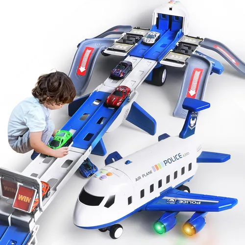 Miniatura 7 de Juguete de Avión Pista de Carreras para Niños, Plegable de 4 Capas Juego de Pista de Coche para Niños Pequeños, Avión de Juguete Transportador