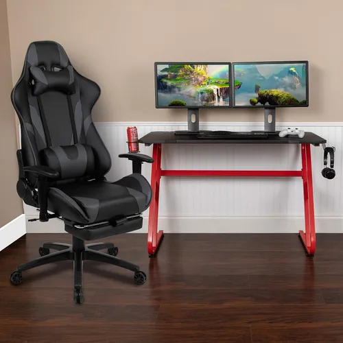 Miniatura 66 de Flash Furniture Juego de escritorio para juegos negro y silla de carreras blanco/negro con soporte para tazas, gancho para auriculares y soporte
