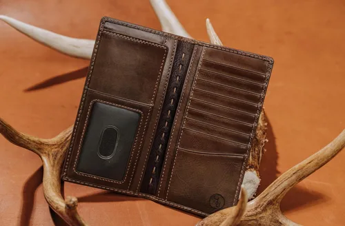 Miniatura 6 de HoJ Co. - Cartera larga plegable para hombre Cartera de Rodeo Cuero de grano completo Regalo de cazador de ciervos Adorno de ciervo de latón