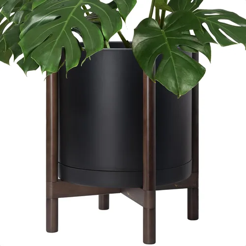 Miniatura 63 de Maceta de D'vine Dev con soporte - Maceta de flores de cilindro de plástico de 8.0 pulgadas con soporte de madera para interiores, maceta mate negra