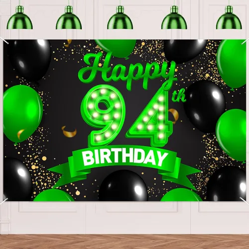 Miniatura 21 de Cartel de feliz cumpleaños 26 verde y negro, telón de fondo con texto en inglés "Cheers to 26 years old confeti", globos de confeti, decoración