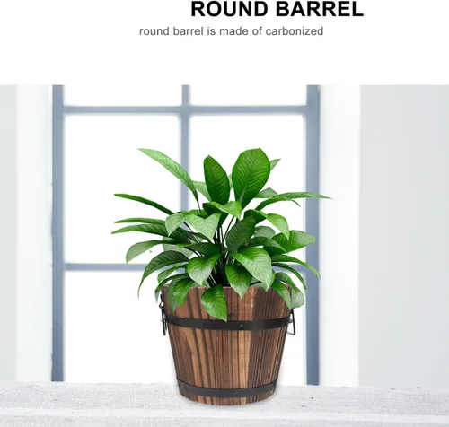 Miniatura 4 de Maceta de barril de madera, maceta rústica para uso en interiores y exteriores con agujeros de drenaje, maceta marrón de 7 pulgadas para plantas