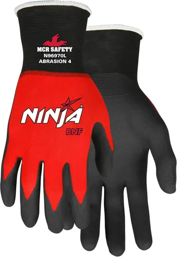 Guantes de trabajo MCR Safety Ninja BNF N96970XL, carcasa de nylon Spandex de 18 calibre, palma y puntas de los dedos recubiertas de espuma de
