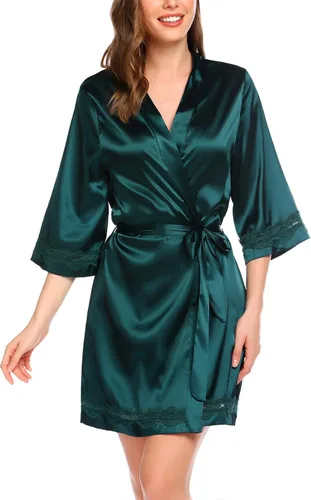 Miniatura 3 de Ekouaer Women's Lace-Trim Silk Robes Bride Bridesmaid Kimono Satin Bathrobe V Neck Sleepwear with 34 Sleeve