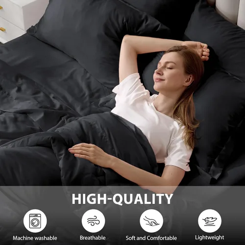 Miniatura 4 de juego de edredón tamaño individual negro - Cama en una bolsa tamaño individual 5 piezas, juego de ropa de cama suave para todas las estaciones