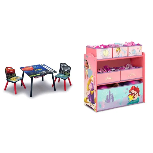 Delta Children Juego de mesa y silla para niños con almacenamiento (2 sillas incluidas) y diseña y almacena 6 cubos organizadores de almacenamiento