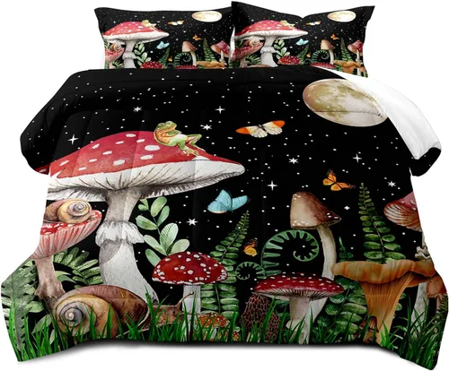 Miniatura 2 de LUVIVIHOME Juego de edredón de 2 piezas de hongos trippy rojos, tamaño individual, ropa de cama para niños y niñas, plantas botánicas verdes