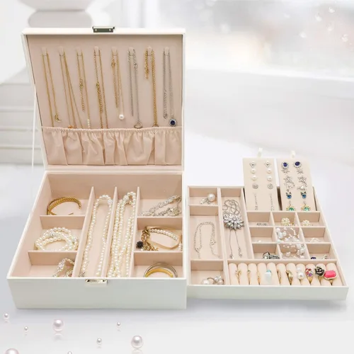 Miniatura 6 de ProCase - Joyero grande de cuero con dos niveles para organizar aretes pulseras anillos relojes para mujeres niñas regalo ideal para novia o esposa