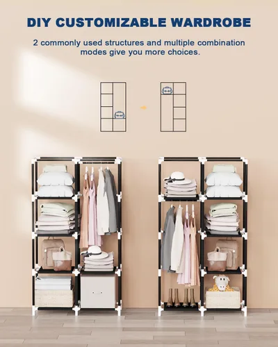 Miniatura 7 de Mavivegue Armario portátil, Armario de ropa, Armario portátil para colgar ropa, para dormitorio y sala de estar, Negro, 2 filas, 34" de ancho x 18