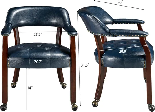 Miniatura 2 de Sillas de comedor con ruedas y brazo, sillas de capitán Caster Boss con patas de madera maciza, sillas de escritorio de oficina con botón tapizado