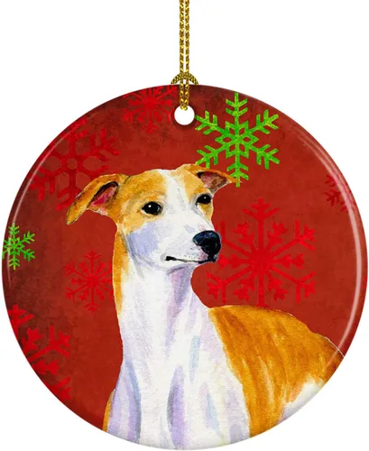 Miniatura 116 de Caroline's Treasures Bulldog English - Copos de nieve rojos y verdes, adorno de cerámica de Navidad, decoración colgante para el hogar, Navidad