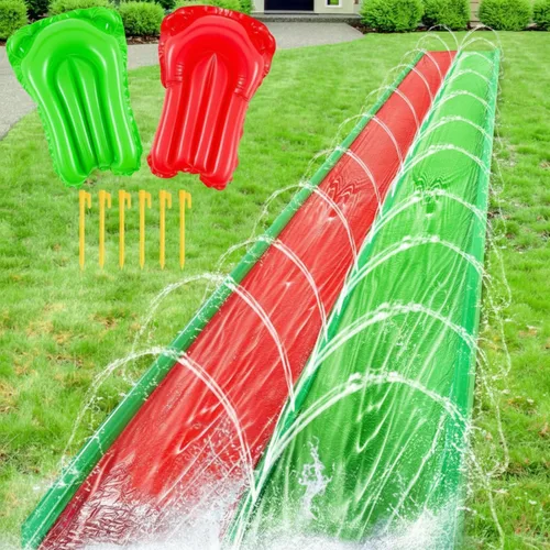 Foilswirl Tobogán acuático deslizante de 6.5 x 30 pies con 2 tablas inflables, lona extra larga con aspersor resistente para patio trasero, césped,