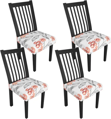Miniatura 34 de Juego de 4 fundas elásticas para sillas de comedor, fundas para sillas de comedor con estampado floral, fundas para asientos de sillas con estampado