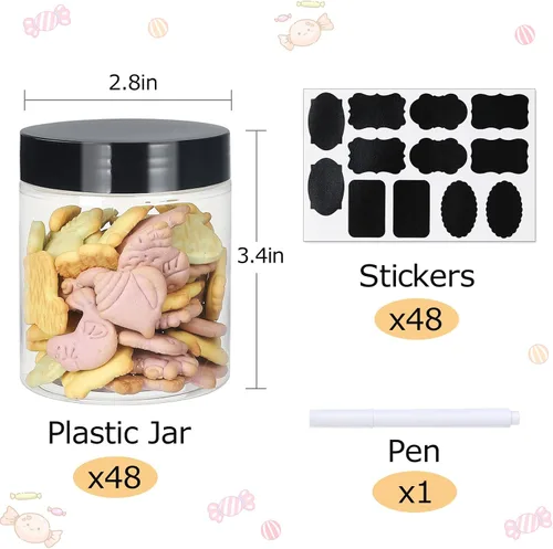 Miniatura 2 de Frascos con Tapas, 48 piezas Recipientes de Plástico de 8 oz con Tapas Etiquetas de Pluma A Prueba de Fugas Sin BPA Herméticos Rellenables
