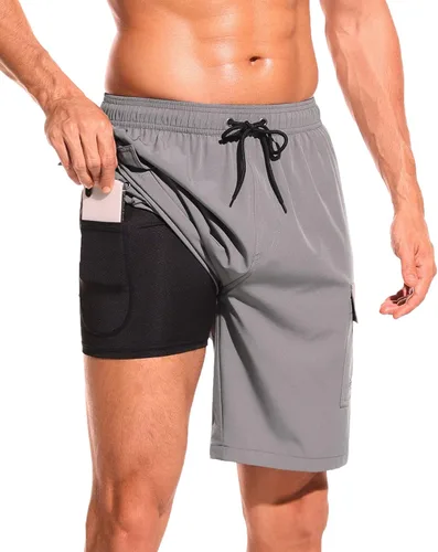 SILKWORLD Traje de baño para hombre con forro de compresión, secado rápido, pantalones cortos de natación de 9 pulgadas con bolsillos tipo cargo