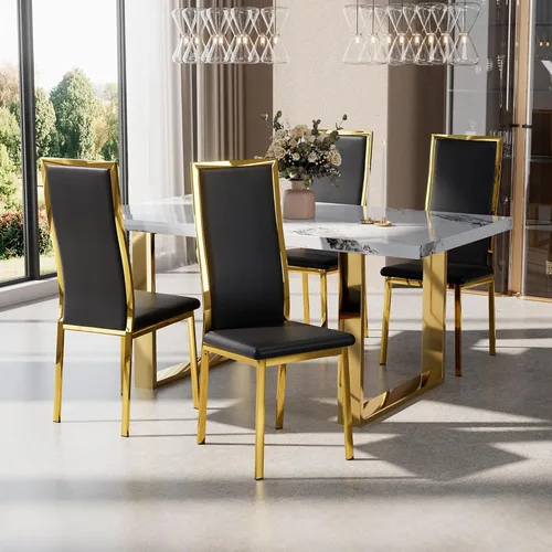 Miniatura 10 de Juego de 4 sillas de comedor modernas, de piel sintética blanca con patas de metal cromado dorado, diseño de respaldo alto curvo y acolchado