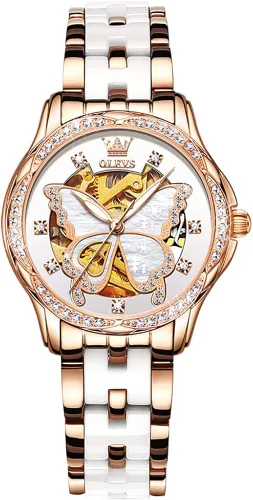 Miniatura 9 de OLEVS Relojes de oro rosa para mujer correa de acero inoxidable de cerámica reloj mecánico automático calendario de puntero luminoso impermeable